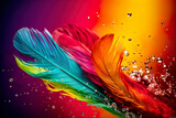 Fototapeta Natura - Colorful Feathers With Splashing Water Droplets On Multicolored Background - Generative AI