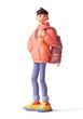 Young cute excited funny smiling asian brunette guy with backpack wears casual fashion clothes, red hoodie, blue jeans, yellow sneakers, stands with one hand in pocket. 3d render isolated transparent.