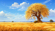Oil painting of a wheat field with a big tree standing
