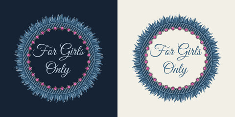 Wall Mural - Circular denim label with fabric fringe, pink rhinestones, strass, text For Girls Only. Design element in vintage style. For clothing, t shirt design.