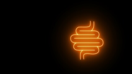 Neon glowing Intestine human icon. Neon healthy digestion logo, healthy digestive system sticker. Intestinal inflammation icons, abdominal pain, constipation, intestinal appendicitis.