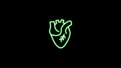 Neon abstract green human heart, cardiac muscle line and silhouette color icon. 3D realistic isolated human heart. Green neon human heart on black background. Neon human heart medical structure.