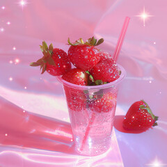 Wall Mural - A plastic cup with strawberries and pink straw with, sparkels and shine on pink background. Sweet girl drink aesthetic.