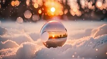 Christmas Balls In The Snow With Sunset View