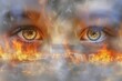 Two eyes with a fire in the background. The fire is orange and yellow, and it is surrounded by smoke. The eyes are looking at the fire, and the mood of the image is intense and dramatic