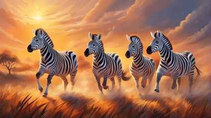 Wall Mural - Group of zebras running in an open field at sunrise.