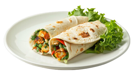 Wall Mural - Paneer Tikka Wrap on a plate isolated on transparent png background. Generative ai 