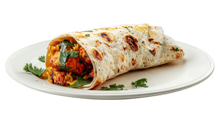 Wall Mural - Paneer Tikka Wrap on a plate isolated on transparent png background. Generative ai 