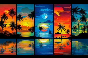 Wall Mural - Vintage retro style beach poster. Sunset beach scene with silhouette palm trees