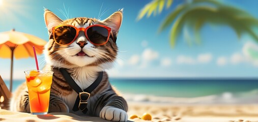 A cat is having fun in a beach with a glass of drink during summer holiday vacation