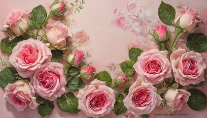  Pink roses on a pink background. Floral retro wallpaper, background, illustration