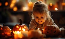 Young Child Happy With Halloween Pumpkins, Toddler, Children Celebrating Hallowing, Candies, Candles, Jack O Lantern, Pumpkins, Autumn, Halloween Treats And Sweets, Children Having, Generative AI 