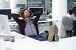 © Katie/peopleimages.com - Break, relax or sleep with business man at desk in office, feet up for finished project and task. Computer, eyes closed and rest with confident young employee in workplace for complete or done work