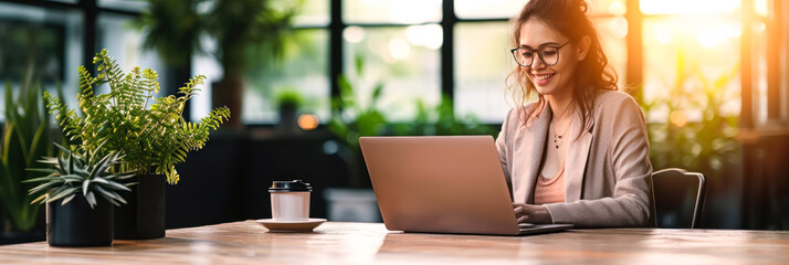 Wall Mural - Professional young businesswoman working on laptop in modern office space, smiling as she focuses on her work with a coffee cup and indoor plants nearby