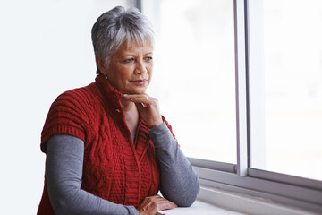 Sticker - Window, senior woman and thinking with ideas, home and retirement with decision and problem solving. Old person, elderly lady and pensioner with view and thoughts with wonder and solution with peace