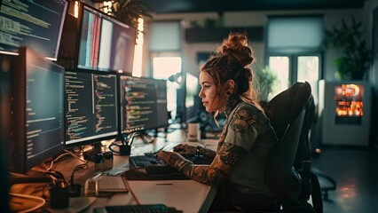 Tattoo covered young woman working as a computer programmer in her office