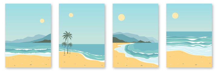 Wall Mural - Set of landscapes of paradise beaches. Beautiful sandy beaches with palm trees, sea with waves and mountains in the background on a sunny day. Vertical editable vector illustration for print.