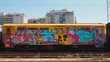Żółty pociąg pokryty abstrakcyjnym graffiti na boku, poruszający się po torach. W tle bloki.