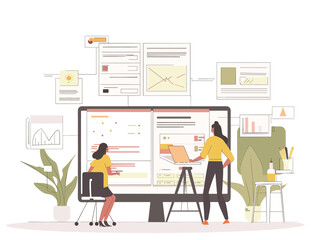  A software developer collaborates with a graphic designer integrating visual elements into a functional user interface. 