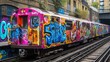Kolorowy pociąg pokryty graffiti jadący na torach w miejskim otoczeniu.