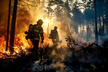 silhouette of firefighters fighting a forest fire from the ground.	
