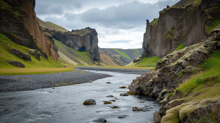 Canvas Print - river in the mountain with green moss 