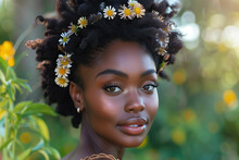 Beautiful Black Woman Wearing A Daisies Crown Tiara