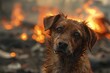 Sad dog near blazing house, fire in background