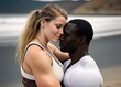 © ProArt Studios - muscular african man hugging beautiful white woman, romance of sexy lovers, interracial couple