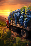 Fototapeta Kuchnia - Cargo truck carrying blue wine grape fruit in a vineyard with sunset. Concept of food production, transportation, cargo and shipping.