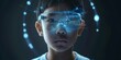 a 12-year-old Asian boy's youthful face with smart glasses that display digital data