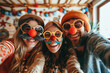 Three friends commemorate Fool's Day, capturing a selfie while wearing clown noses and droll glasses, snickering at a jest. Generated AI