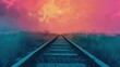 Na obrazie widać puste tory kolejowe rozchodzące się w oddali, z różowym niebem jako tłem.