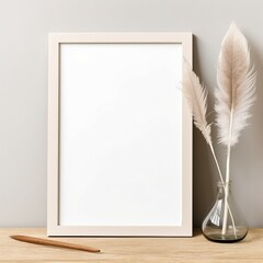 Wall Mural - Mockup of the art frame, feather pen and paper