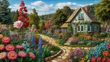 Fototapeta Natura - garden with tulips and lavender with house. painting