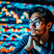 A market analyst's concentration. A focused Asian man analyzes complex stock market data, with colorful trading figures reflecting in his glasses.