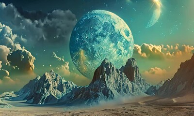 Wall Mural - fantastic landscape with planets in the sky. the concept of science fiction and exploration.