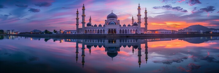 Poster - A majestic mosque reflected perfectly in the still waters of a nearby lake, under the tranquil twilight sky