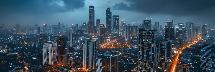 A modern mosque with sleek architecture nestled among the skyscrapers of a bustling city, illuminated by evening lights 