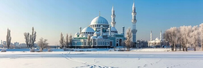 Poster - A mosque in a winter landscape, its domes and minarets covered in snow, against the clear blue sky of a cold day