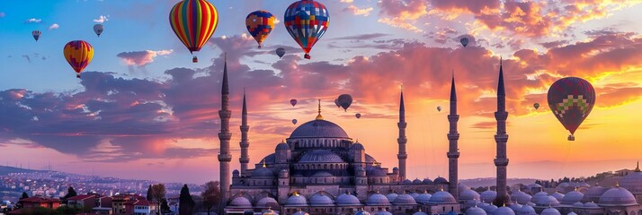 Wall Mural - A mosque at dawn with colorful hot air balloons floating in the sky above, creating a vibrant and peaceful scene