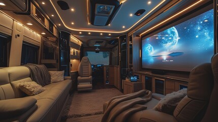 Wall Mural - A motorhome interior with a built-in home theater system, perfect for movie nights