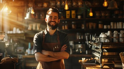 Poster - A man with a beard stands in a coffee shop with his arms crossed. He is smiling and he is happy. The coffee shop is filled with various items such as cups, bowls, and bottles