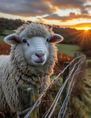 Wall Mural - Sheep looks over fence at sunset