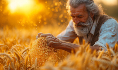 Wall Mural - Old farmer checking the wheat field before the harvest