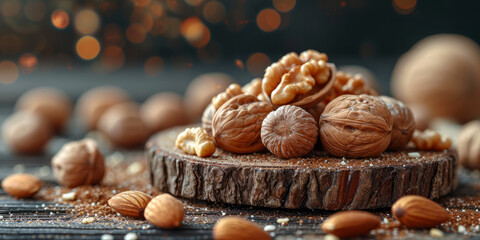 Wall Mural - Walnuts and almonds on wooden table close-up