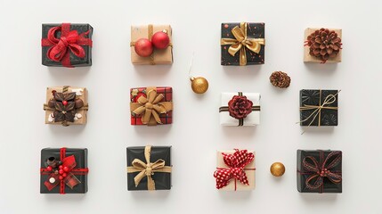 Top view of christmas gift boxes and decorations on white background