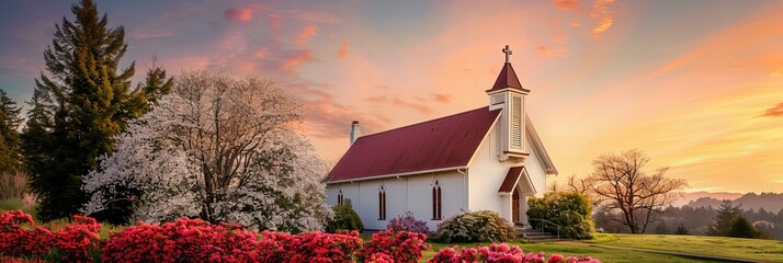 Poster - A quaint church with a blooming garden full of spring flowers, bathed in the soft light of sunrise