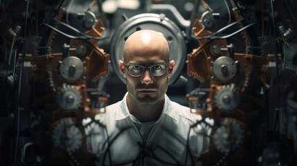 Poster - Generative AI Portrait of a male architect with drafting tools, precision in design, architectural studio environment visible