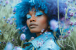 © Nataliia_Trushchenko - A woman with blue hair and a blue shirt is standing in a field of purple flowers. model with blue afro hair wearing a blue trench in a full body photoshoot like wild flower composition blue and purple